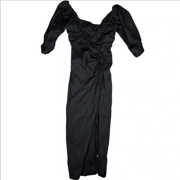 Free People Dress Womens XS Looking Stunning Black Puff Sleeve Slit Ruched Midi - Picture 3 of 10